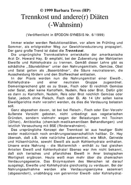 EFODON-Gesundheits-Report: Trennkost und andere(r) Diäten(-Wahnsinn)