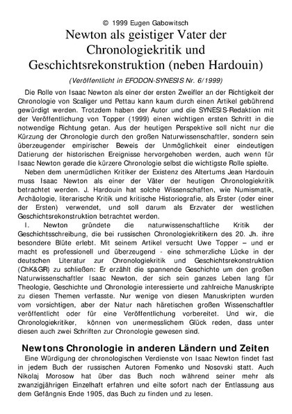 Newton als geistiger Vater der Chronologiekritik und Geschichtsrekonstruktion