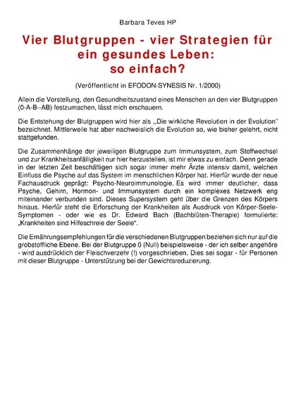 EFODON-Gesundheitsreport: Vier Blutgruppen vier Strategien für ein gesundes Leben: so einfach?