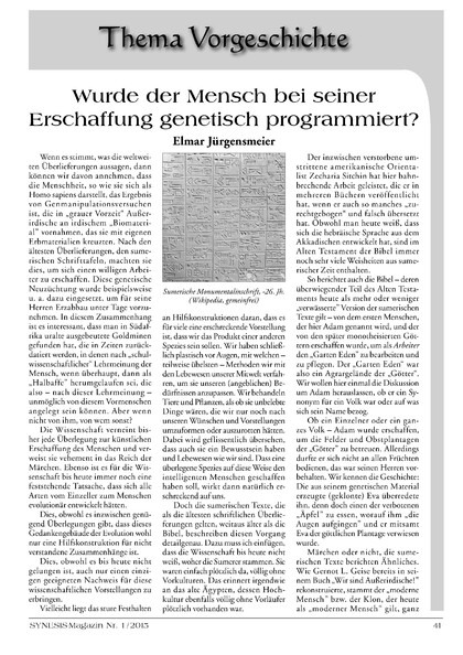Wurde der Mensch bei seiner Erschaffung genetisch programmiert? (Elmar Jürgensmeier)