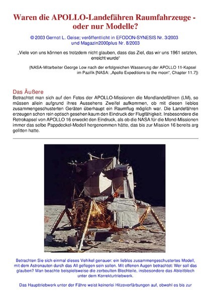 Waren die APOLLO-Landefähren Raumfahrzeuge – oder nur Modelle? 