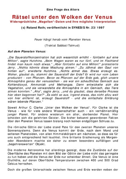 Rätsel unter den Wolken der Venus Widersprüchliche „Magellan“-Daten und ihre mögliche Interpretation