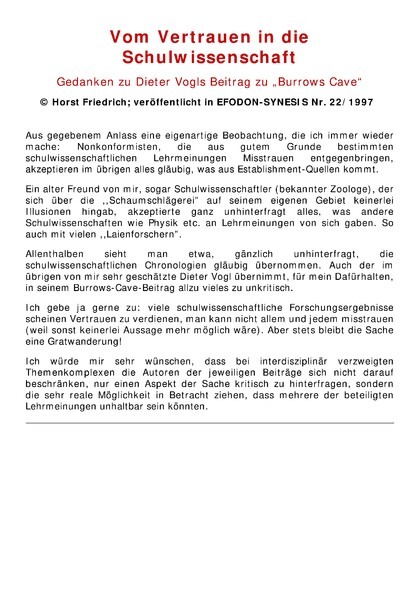 Vom Vertrauen in die Schulwissenschaft Gedanken zu Dieter Vogls Beitrag zu „Burrows Cave“ 